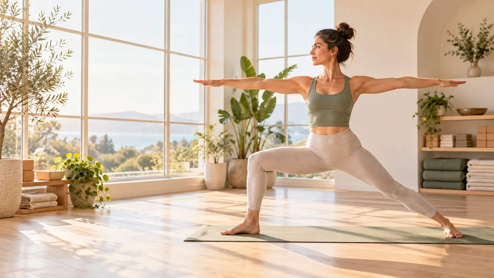 Latihan yoga di studio terang dengan cahaya matahari